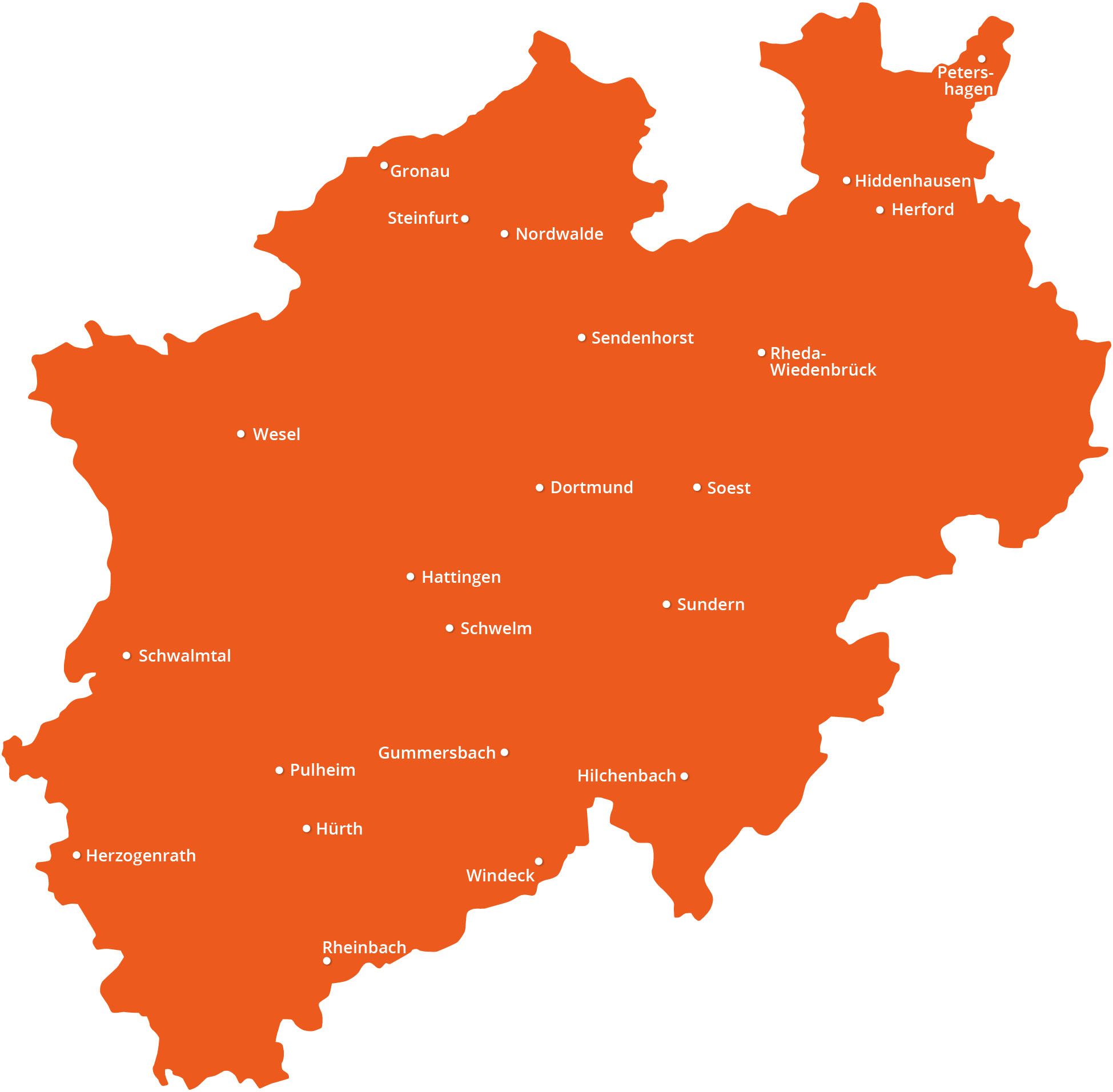 RGB-Tag-der-Dritten-Orte-NRW-TdDO-2026-mit-Sendenhorst-Orange-auf-Weiss-nur-zweite-Generation Landkarte mit den Dritten Orten der ersten und zweiten Generation in Nordrhein-Westfalen